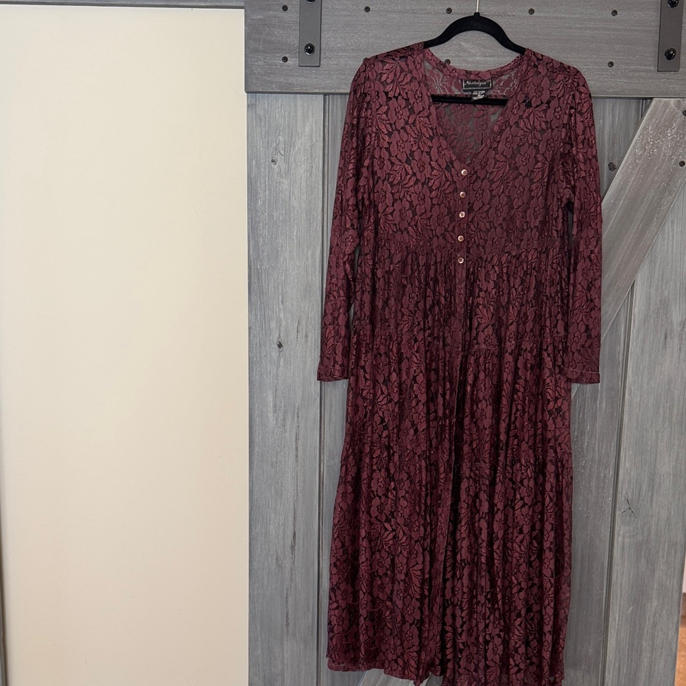 Nostalgia Burgundy Floral Lace Long Sleeve Dress